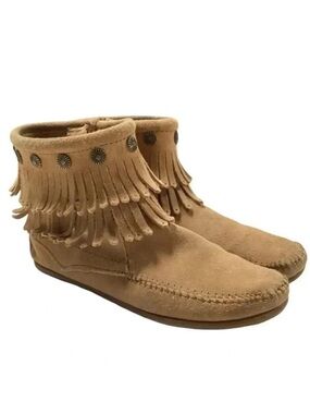 Minnetonka Hi Top Boots Womens 7 Brown Suede Double Fringe Side Zip Moccasin